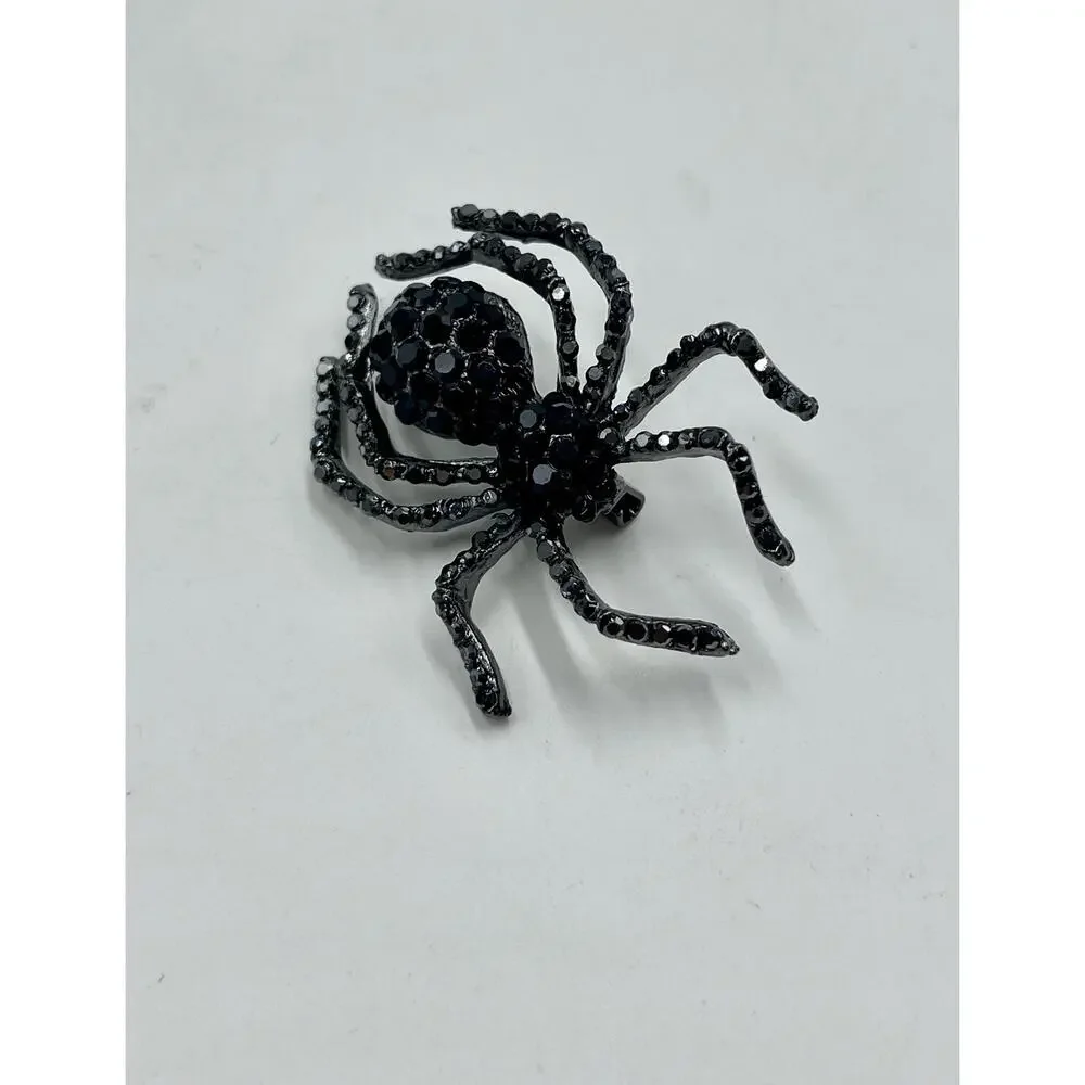 Silver Tone‎ Black Glass Crystal Spider Scary Halloween Bug Brooch Pin